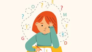 illustration of young girl struggling with reading and writing