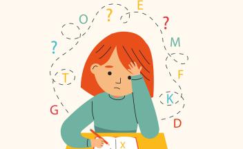 illustration of young girl struggling with reading and writing