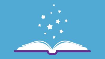 Illustration of open book with stars flying out