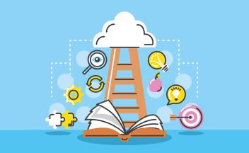 Illustration of open book with ideas and clouds