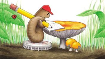 A worm sits on a bottle cap to write in his diary with a giant pencil