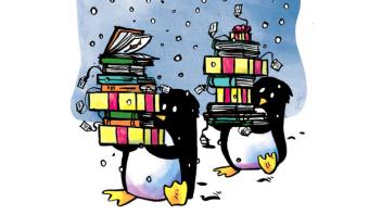 penguins carrying stack of books as gifts