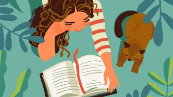 colorful birds-eye view illustration of girl reading a book with her cat