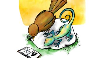 bird and lizard looking at book together