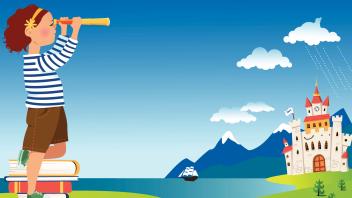 illustration of girl standing on stack of books looking through telescope at a castle