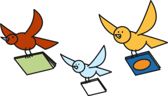 Illustration of three birds flying and carrying books with their feet